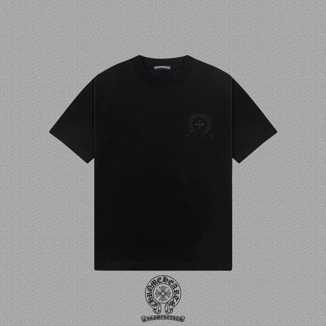 🅿️200 [CH Crow Heart] 2025FW short-sleeved T-shirt, patch embroidery, high-end 26s double yarn 300g fabric, heavy fabric, custom stretcher rib, same cylinder and dye, complete three standards, same style for men and women, color: black, white, size: S M L XL 2XL